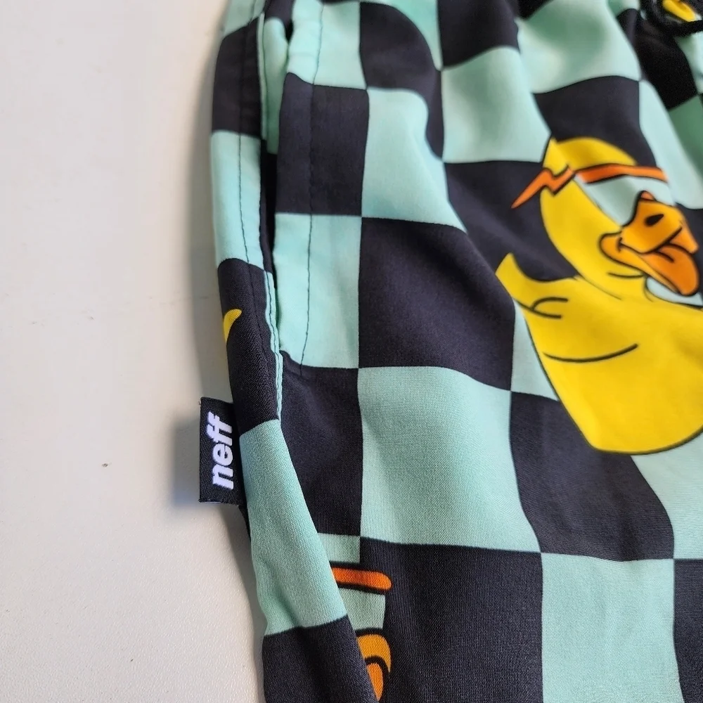 Neff Boys Ducky Swim Trunks Aqua Blue Yellow Polyester Spandex Drawstring Sz M